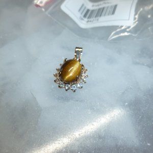 18K Gold Electroplate Tiger's Eye Swarovski Crystals Pendant